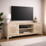 Solid Wood Hand Carved TV Unit – Natural Finish Media Cabinet Console