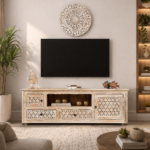 Mango Wood Hand Carved TV Unit White Distressed Media Console Cabinet for Living Room