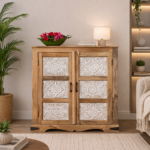 Mango Wood Hand Carved Cabinet 2 Door – Natural Finish Solid Wood Storage Cabinet