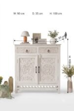 Mango Wood Hand Carved Cabinet 2 Door 2 Drawers – White Finish Solid Wood Storage - Image 5