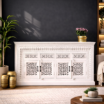 Mango Wood Hand Carved Sideboard 4 Door 4 Drawers – White Distressed Finish Cabinet