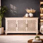 Solid Wood Hand Carved Sideboard 3 Door – Natural Finish Wooden Storage Cabinet