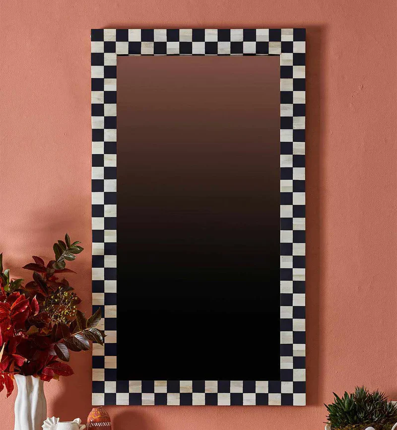Bone Inlay Rectangular Wall Mirror – Black & White Check Design Decorative Mirror