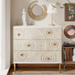 Solid Wood Embossed Hand Carved Chest of Drawers 3 Drawer Dresser Chest Off White Finish - Image 12