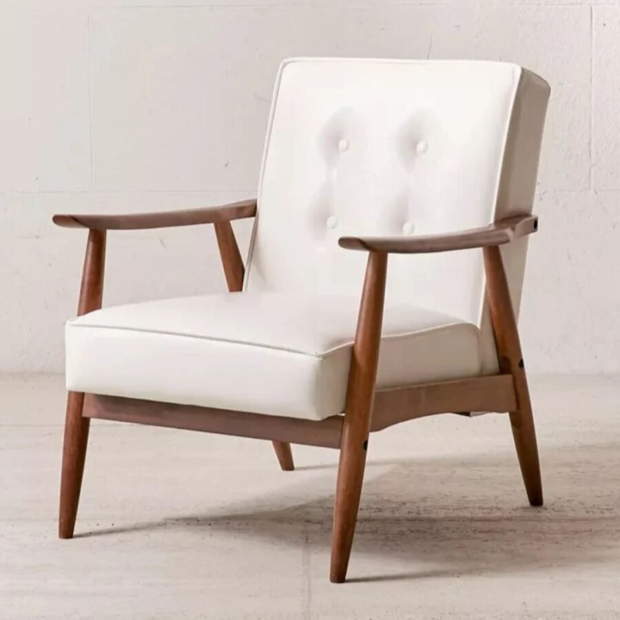 Mid Century Faux Leather Arm Chair – Walnut Wood Accent Chair
