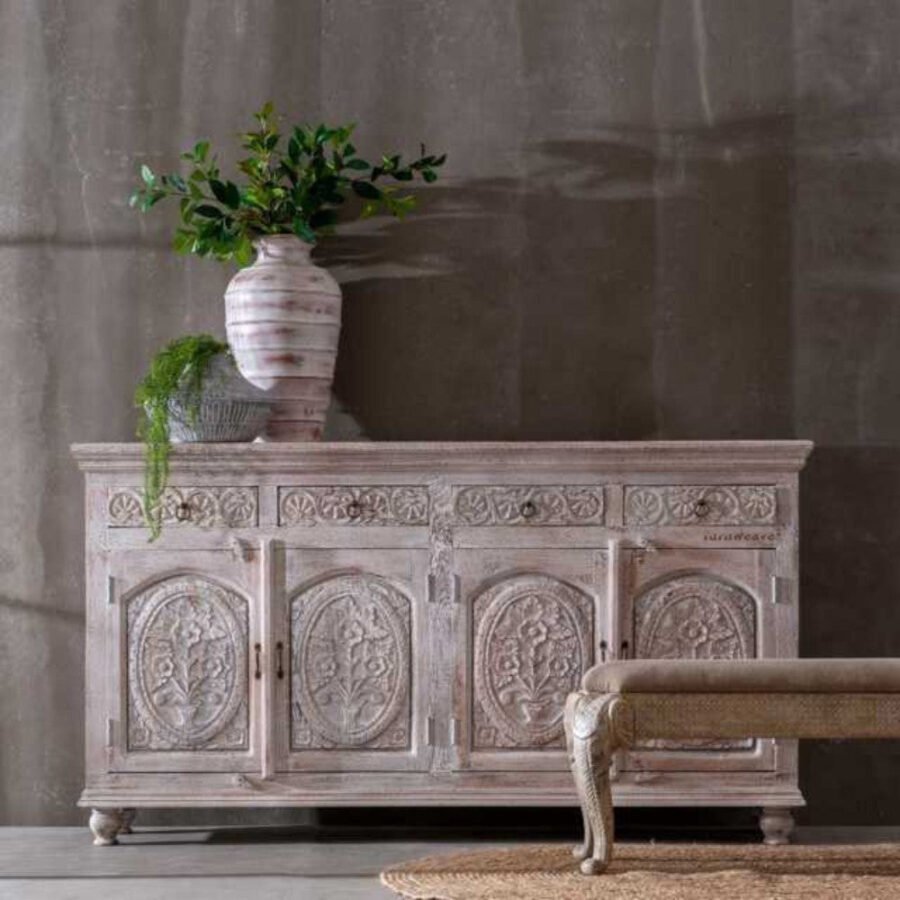 Mango Wood Hand Carved Sideboard 4 Door 4 Drawers – Natural Finish Solid Wood Cabinet