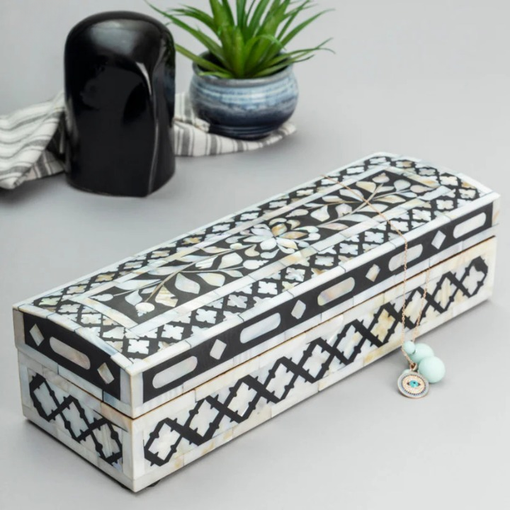 Mother of Pearl Inlay Rectangular Jewellery Box – Black Floral Decorative Storage Box