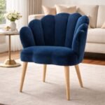 Solid Wood Shell Shape Velvet Accent Chair – Blue Lounge Chair