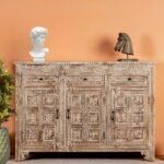 Mango Wood Hand Carved Sideboard 3 Drawers – Natural Brown Solid Wood Storage Cabinet