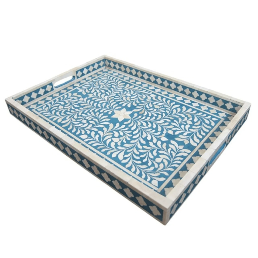 Bone Inlay Rectangular Serving Tray – Blue Floral Decorative Tray