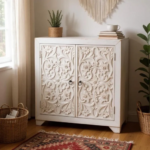 Mango Wood Hand Carved Cabinet 2 Door – Off White Finish Solid Wood Storage Cabinet