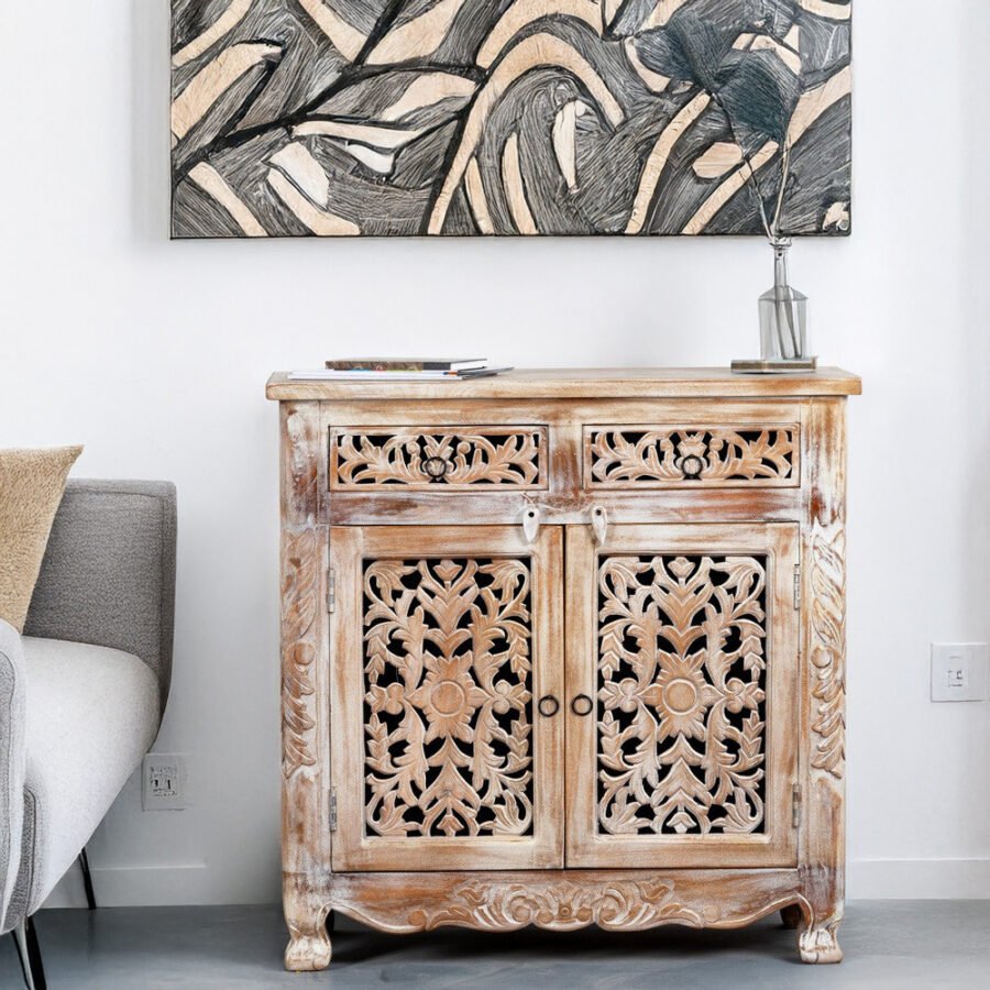Mango Wood Hand Carved Cabinet 2 Door 2 Drawers – Solid Wood Storage Cabinet