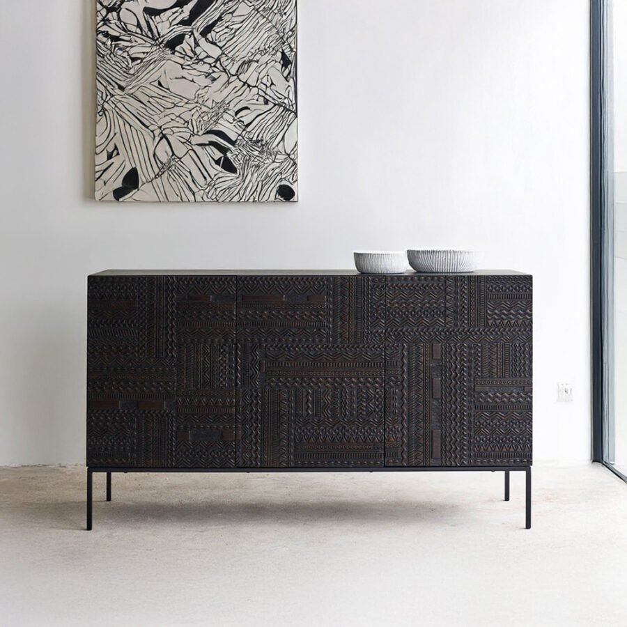 Mango Wood Hand Carved Sideboard with Black Metal Legs – Solid Wood Storage Cabinet