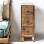 Mango Wood Hand Carved Chest of Drawers - 3 Drawer Tall Boy Natural Finish Storage Cabinet