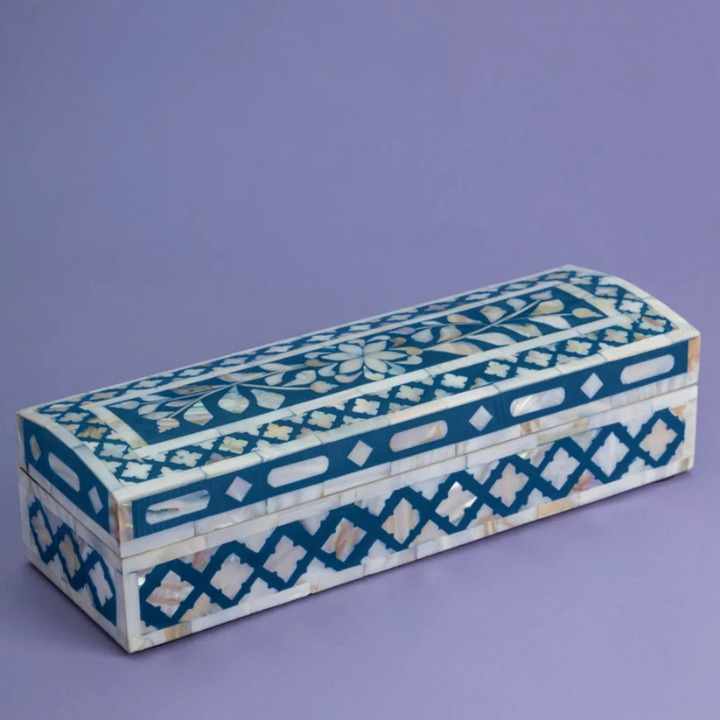 Mother of Pearl Inlay Rectangular Jewellery Box – Indigo Floral Decorative Storage Box