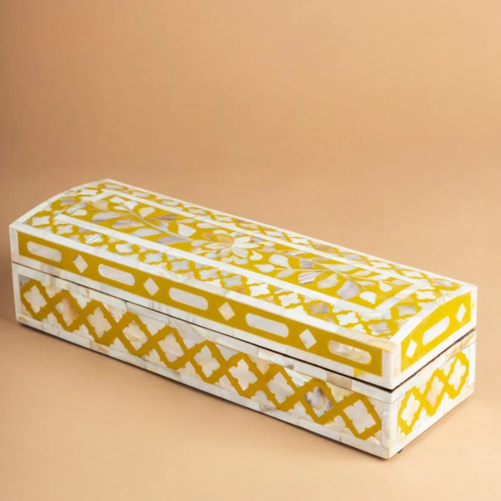 Mother of Pearl Inlay Rectangular Jewellery Box – Yellow Floral Decorative Storage Box