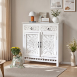 Mango Wood Hand Carved Cabinet 2 Door 2 Drawers – White Finish Solid Wood Storage