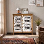 Mango Wood Hand Carved Cabinet 2 Door – White Finish with Golden Stud Detailing
