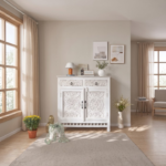 Mango Wood Hand Carved Cabinet 2 Door 2 Drawers – White Finish Solid Wood Storage - Image 2
