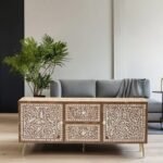 Bone Inlay TV Unit Floral Brown Media Console TV Cabinet Handcrafted Storage Unit