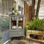 Bone Inlay Crockery Cabinet – Grey Floral Storage Cabinet with Glass Doors