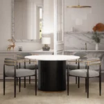 Luxury Faux Marble Dining Set – 47″ Round Table with 4 Bouclé Armchairs – Perfect for Modern Living