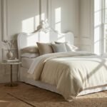 Handcarved Acacia Wood White Bed with Elegant Headboard
