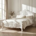 Baroque-Inspired Handcarved White Wooden Bed | King & Queen Sizes | Art of Rajasthan