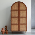 Arched Wooden Wardrobe with Rattan Detailing | Eco-Friendly, Spacious Closet Storage