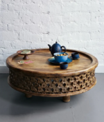 Mango Wood Hand Carved Round Coffee Table - Natural Finish - Image 15