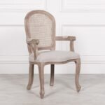 Handcarved Wooden Arm Dining Chair with Rattan Back | French Louis XVI Style