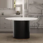 Luxury Faux Marble Dining Set – 47″ Round Table with 4 Bouclé Armchairs – Perfect for Modern Living - Image 2