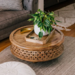 Mango Wood Hand Carved Round Coffee Table - Natural Finish - Image 14