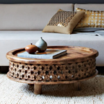 Mango Wood Hand Carved Round Coffee Table - Natural Finish
