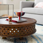 Mango Wood Hand Carved Round Coffee Table - Natural Finish - Image 11