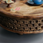 Mango Wood Hand Carved Round Coffee Table - Natural Finish - Image 8