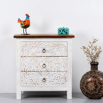 Mango Wood Hand Carved Chest of Drawers - 3 Drawers with White Distress Finish