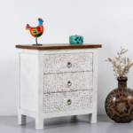 Mango Wood Hand Carved Chest of Drawers - 3 Drawers with White Distress Finish - Image 2