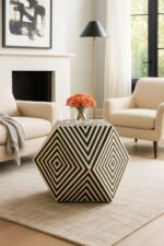 Bone Inlay Side Table - Hexagonal  Shape Black and White Stripe Design for Modern Interiors - Image 3