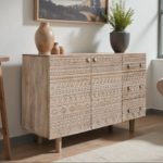 Mango Wood Hand Carved Sideboard - 2 Doors & 3 Drawers, Natural Finish - Image 2