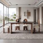 Solid Wood Rectangular Stone Top Dining Table with 4 Chairs 63"