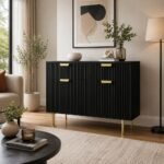 Mango Wood Cabinet with 2 Doors & 2 Drawers | Black Finish Storage Cabinet with Metal Legs & Handles | Modern Wooden Sideboard
