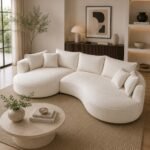 Solid Wood L-Shaped Curved Sofa with Chaise | Boucle Fabric