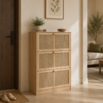 Solid Wood Cane Shoe Rack with Inside Rack – Natural Finish | Wooden Shoe Storage Cabinet