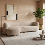 Curved L-Shaped Velvet Sectional Sofa with Chaise – Modern Beige/Ivory Fabric Couch with Mango Wood Legs