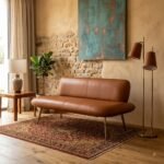 Teak Wood Leather Sofa 2 Seater Iron Legs
