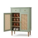 Mango Wood Cane Shoe Rack - 2 Drawers Teal Green Finish - Image 5