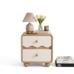 Oak Wood Bedside Table - 2 Drawers Round Legs Natural Finish - Image 9