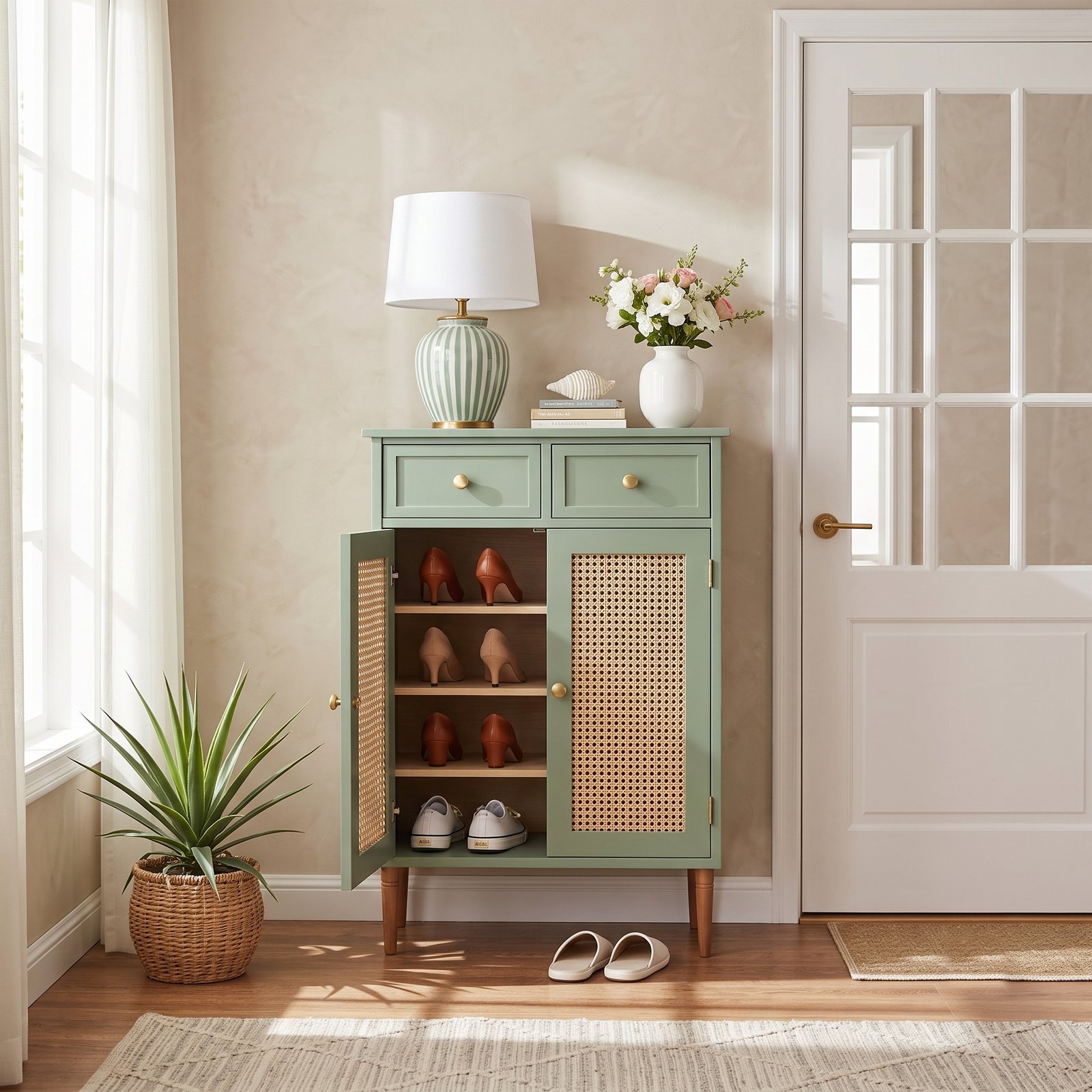 00 (2) Mango Wood Cane Shoe Rack - 2 Drawers Teal Green Finish - Image 1