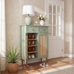 Mango Wood Cane Shoe Rack - 2 Drawers Teal Green Finish - Image 2